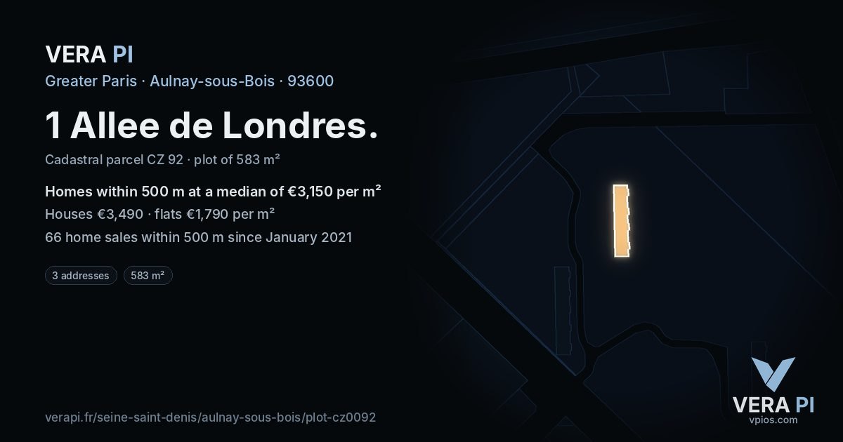 1 Allee de Londres, Aulnay-sous-Bois at night – the plot lit, the parcels around coloured by the prices near them