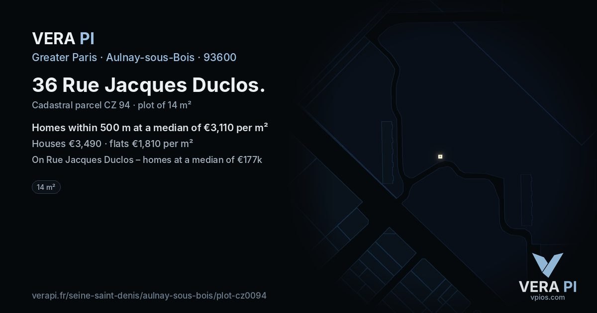 36 Rue Jacques Duclos, Aulnay-sous-Bois at night – the plot lit, the parcels around coloured by the prices near them