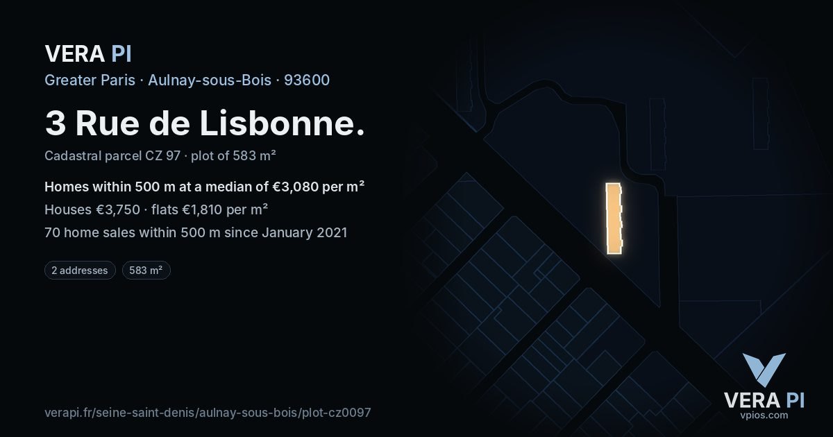 3 Rue de Lisbonne, Aulnay-sous-Bois at night – the plot lit, the parcels around coloured by the prices near them