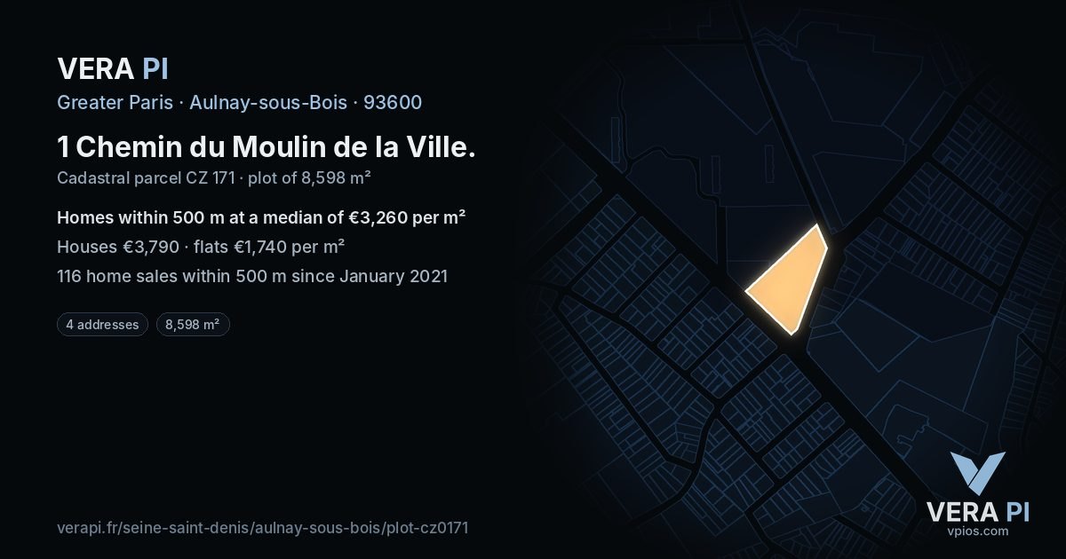 1 Chemin du Moulin de la Ville, Aulnay-sous-Bois at night – the plot lit, the parcels around coloured by the prices near them