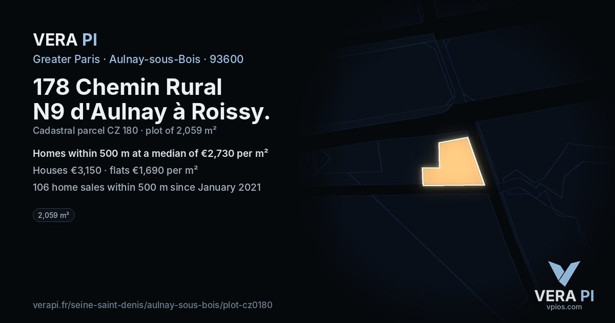 178 Chemin Rural N9 d'Aulnay à Roissy, Aulnay-sous-Bois at night – the plot lit, the parcels around coloured by the prices near them