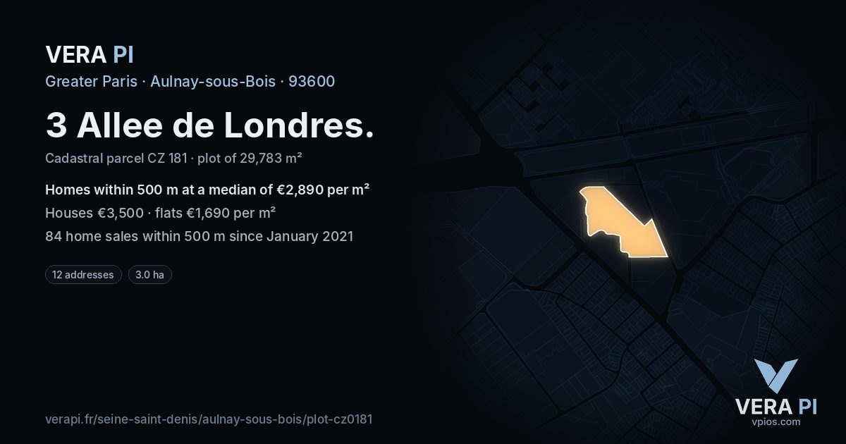 3 Allee de Londres, Aulnay-sous-Bois at night – the plot lit, the parcels around coloured by the prices near them