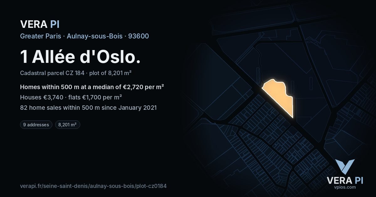 1 Allée d'Oslo, Aulnay-sous-Bois at night – the plot lit, the parcels around coloured by the prices near them