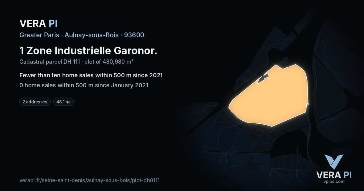 1 Zone Industrielle Garonor, Aulnay-sous-Bois at night – the plot lit, the parcels around coloured by the prices near them