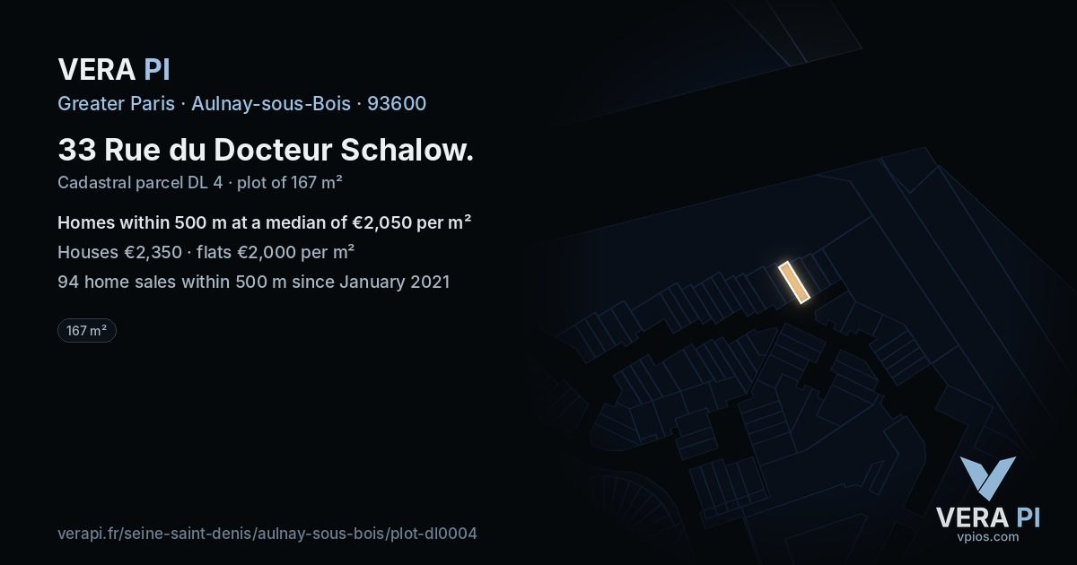 33 Rue du Docteur Schalow, Aulnay-sous-Bois at night – the plot lit, the parcels around coloured by the prices near them