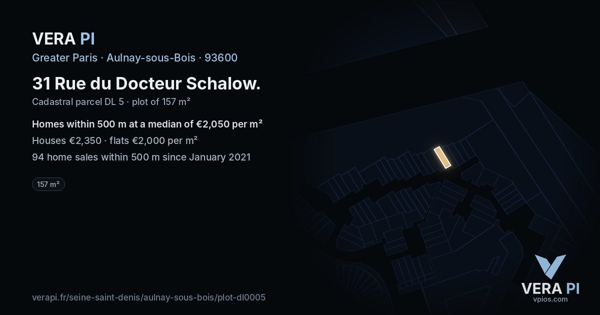 31 Rue du Docteur Schalow, Aulnay-sous-Bois at night – the plot lit, the parcels around coloured by the prices near them