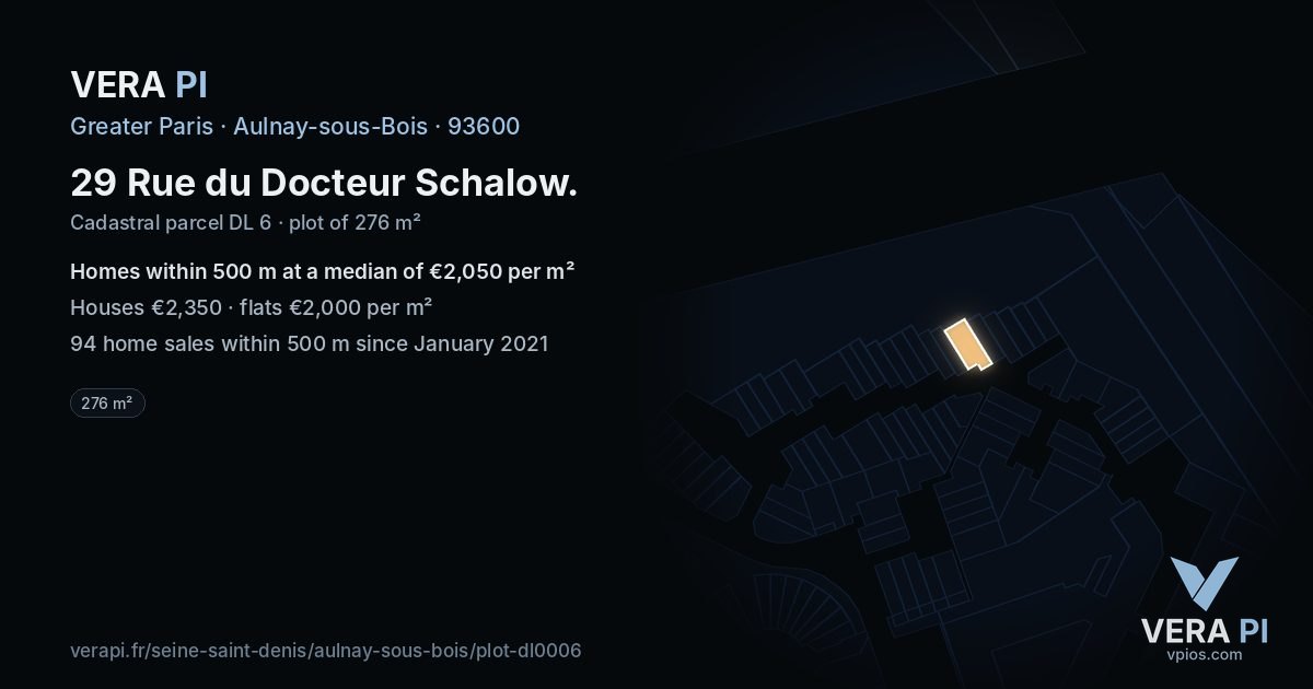 29 Rue du Docteur Schalow, Aulnay-sous-Bois at night – the plot lit, the parcels around coloured by the prices near them