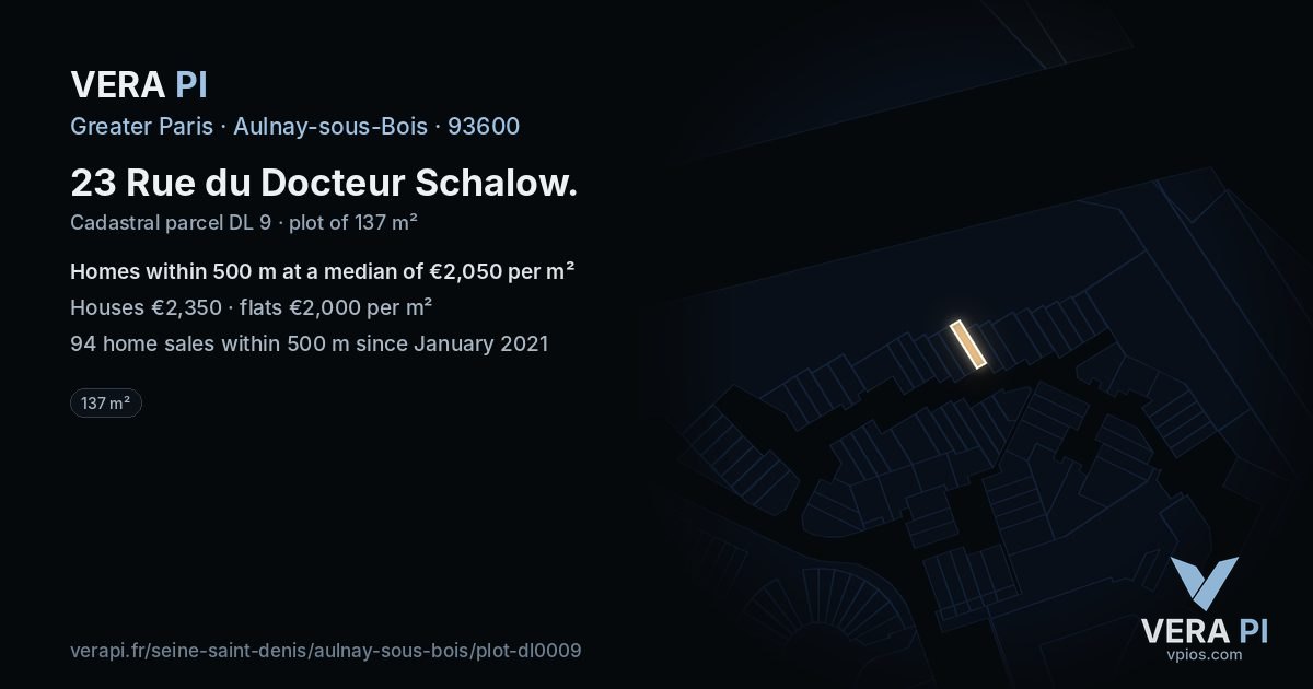 23 Rue du Docteur Schalow, Aulnay-sous-Bois at night – the plot lit, the parcels around coloured by the prices near them