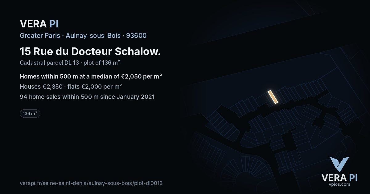 15 Rue du Docteur Schalow, Aulnay-sous-Bois at night – the plot lit, the parcels around coloured by the prices near them