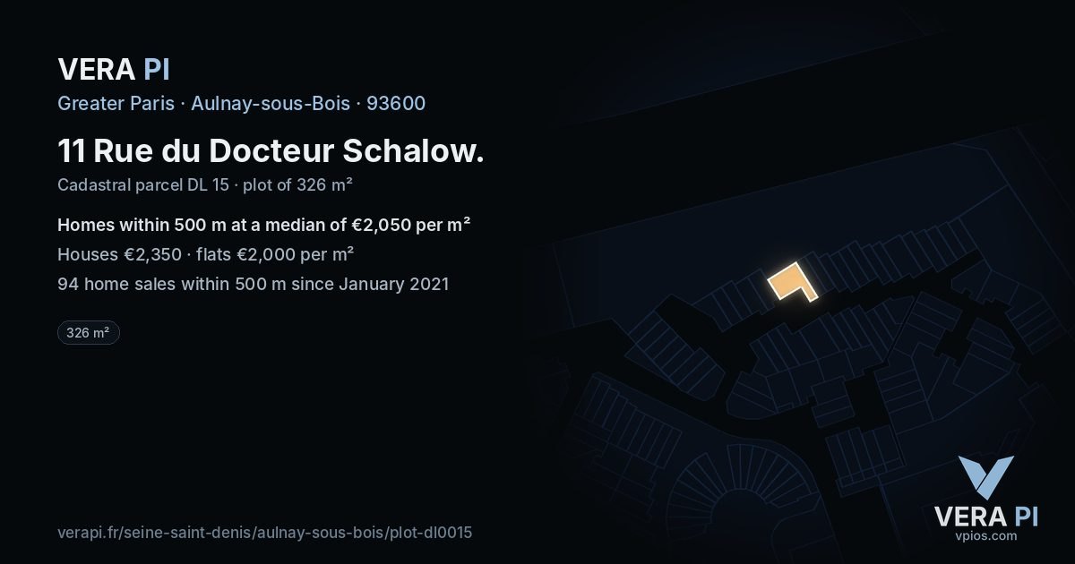 11 Rue du Docteur Schalow, Aulnay-sous-Bois at night – the plot lit, the parcels around coloured by the prices near them