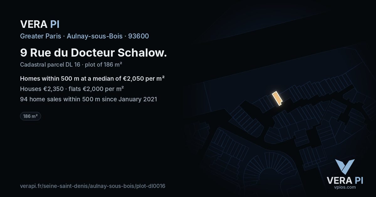 9 Rue du Docteur Schalow, Aulnay-sous-Bois at night – the plot lit, the parcels around coloured by the prices near them