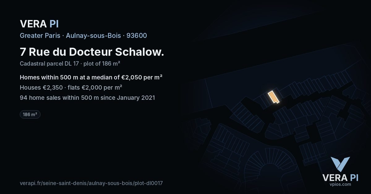 7 Rue du Docteur Schalow, Aulnay-sous-Bois at night – the plot lit, the parcels around coloured by the prices near them