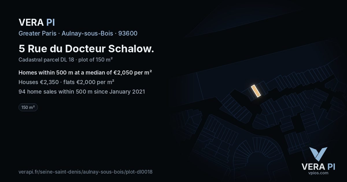 5 Rue du Docteur Schalow, Aulnay-sous-Bois at night – the plot lit, the parcels around coloured by the prices near them