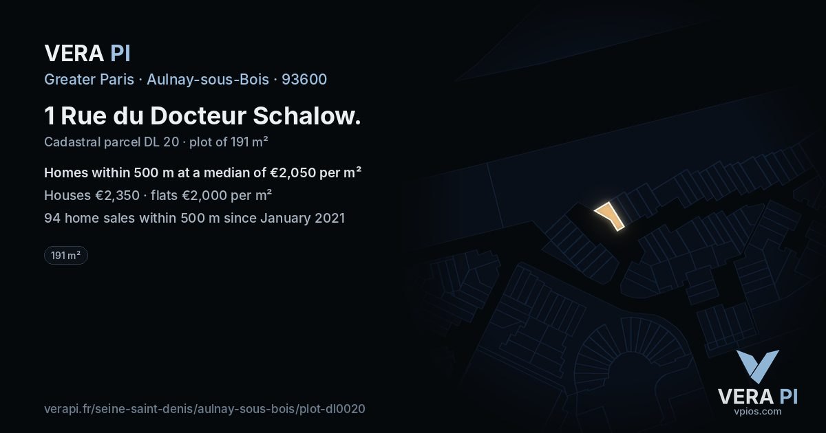 1 Rue du Docteur Schalow, Aulnay-sous-Bois at night – the plot lit, the parcels around coloured by the prices near them