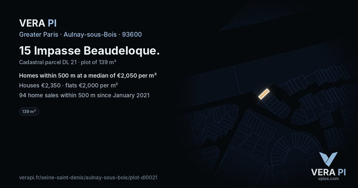15 Impasse Beaudeloque, Aulnay-sous-Bois at night – the plot lit, the parcels around coloured by the prices near them