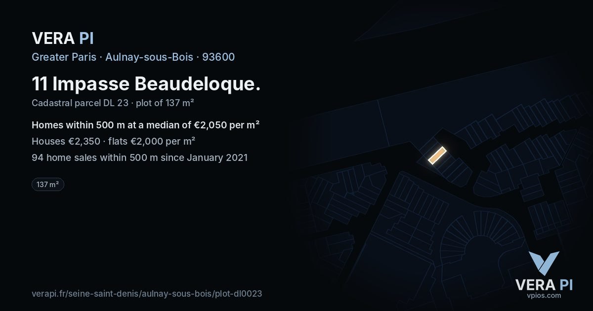 11 Impasse Beaudeloque, Aulnay-sous-Bois at night – the plot lit, the parcels around coloured by the prices near them