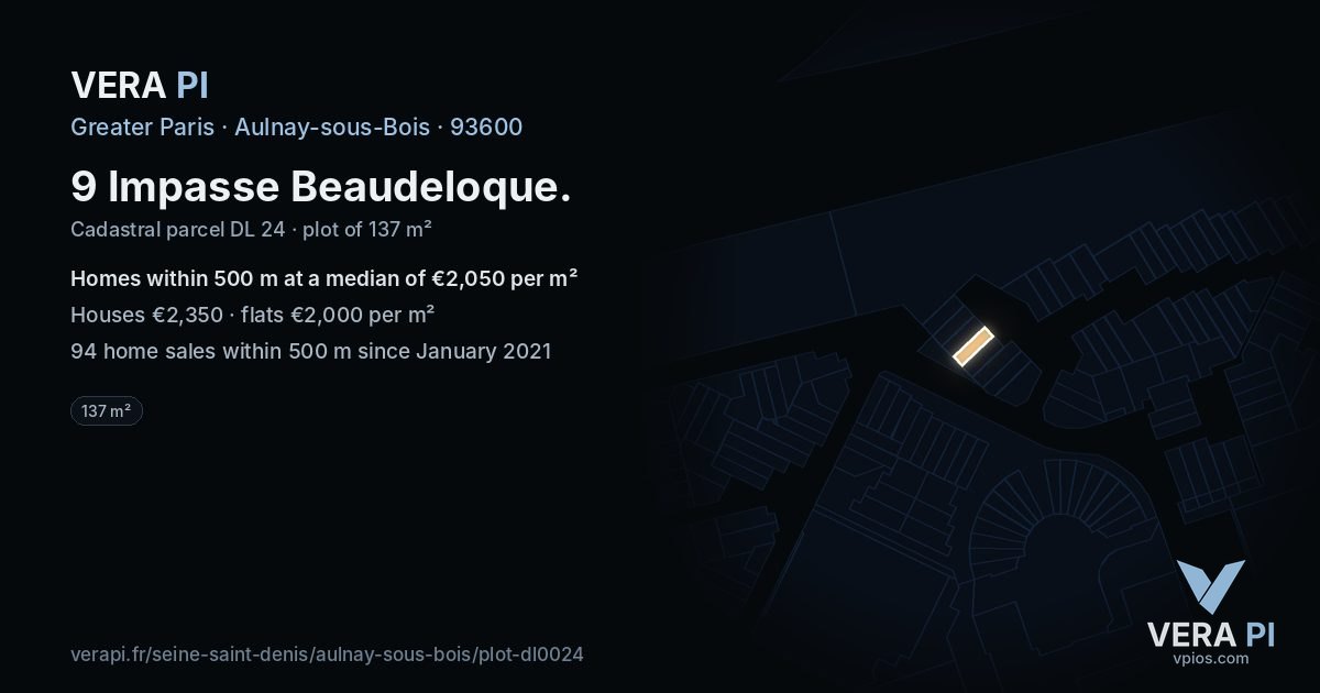 9 Impasse Beaudeloque, Aulnay-sous-Bois at night – the plot lit, the parcels around coloured by the prices near them