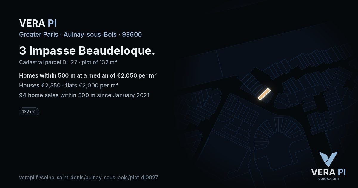 3 Impasse Beaudeloque, Aulnay-sous-Bois at night – the plot lit, the parcels around coloured by the prices near them