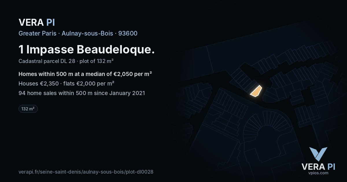 1 Impasse Beaudeloque, Aulnay-sous-Bois at night – the plot lit, the parcels around coloured by the prices near them