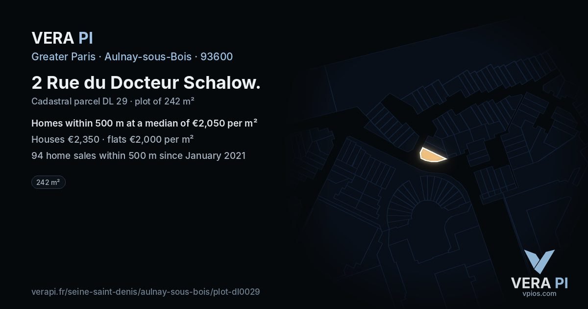 2 Rue du Docteur Schalow, Aulnay-sous-Bois at night – the plot lit, the parcels around coloured by the prices near them