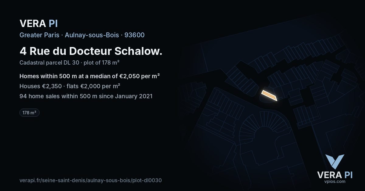 4 Rue du Docteur Schalow, Aulnay-sous-Bois at night – the plot lit, the parcels around coloured by the prices near them