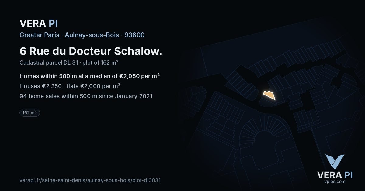 6 Rue du Docteur Schalow, Aulnay-sous-Bois at night – the plot lit, the parcels around coloured by the prices near them
