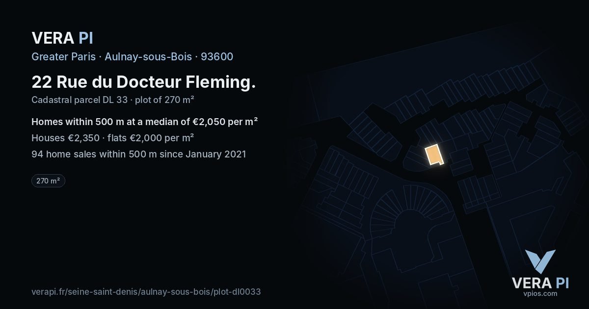 22 Rue du Docteur Fleming, Aulnay-sous-Bois at night – the plot lit, the parcels around coloured by the prices near them
