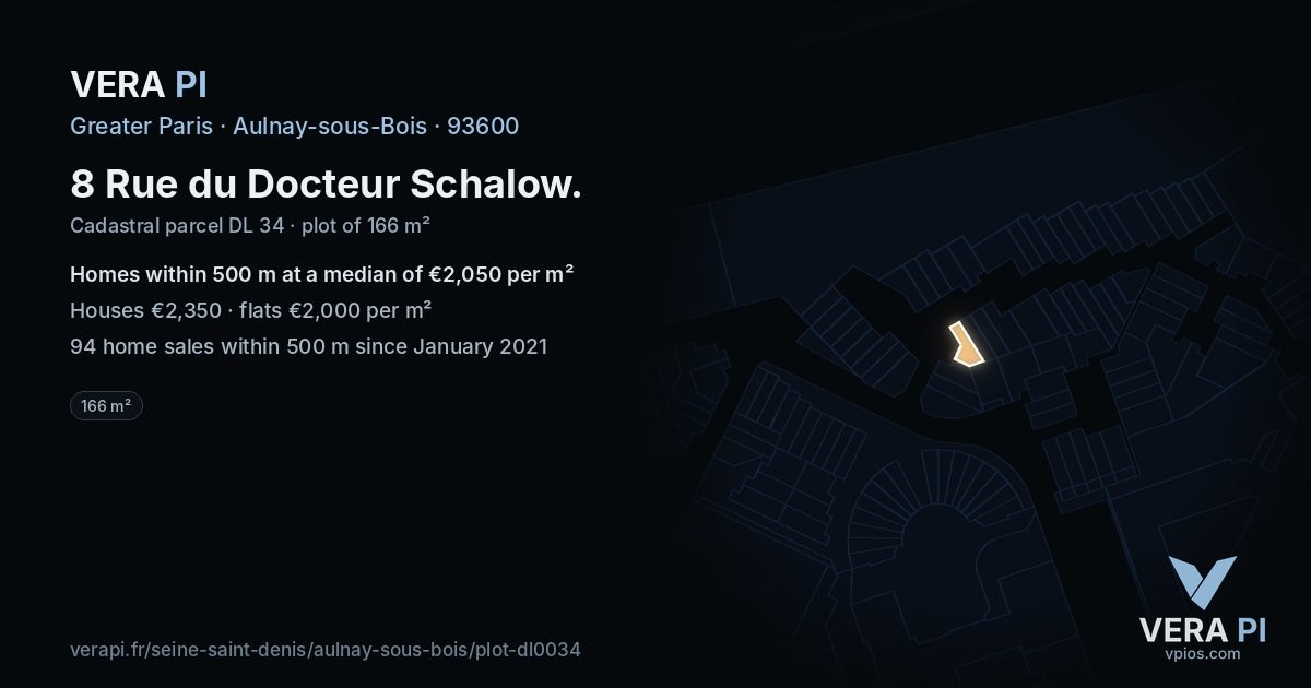 8 Rue du Docteur Schalow, Aulnay-sous-Bois at night – the plot lit, the parcels around coloured by the prices near them