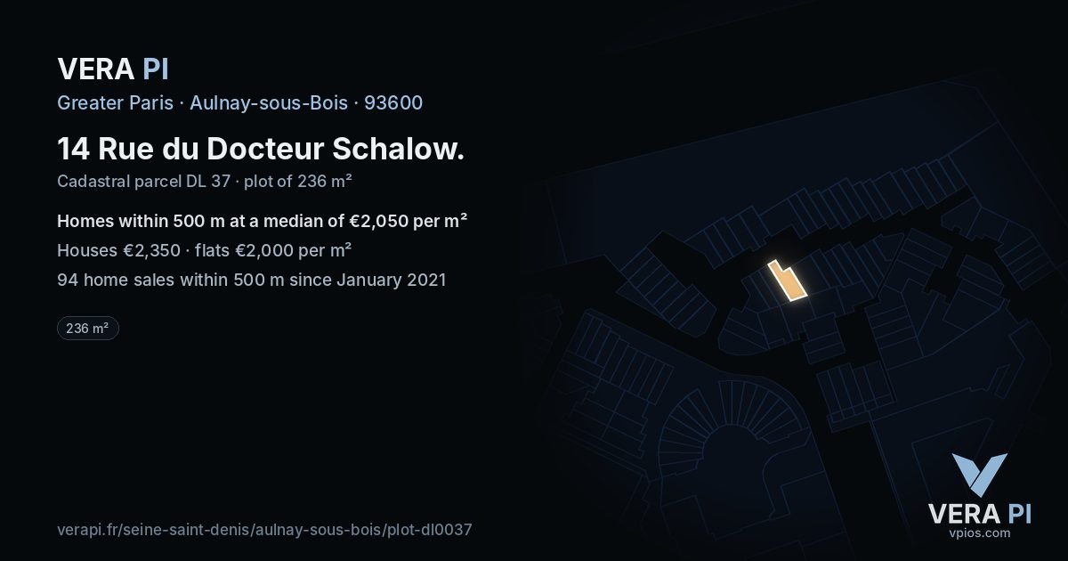14 Rue du Docteur Schalow, Aulnay-sous-Bois at night – the plot lit, the parcels around coloured by the prices near them