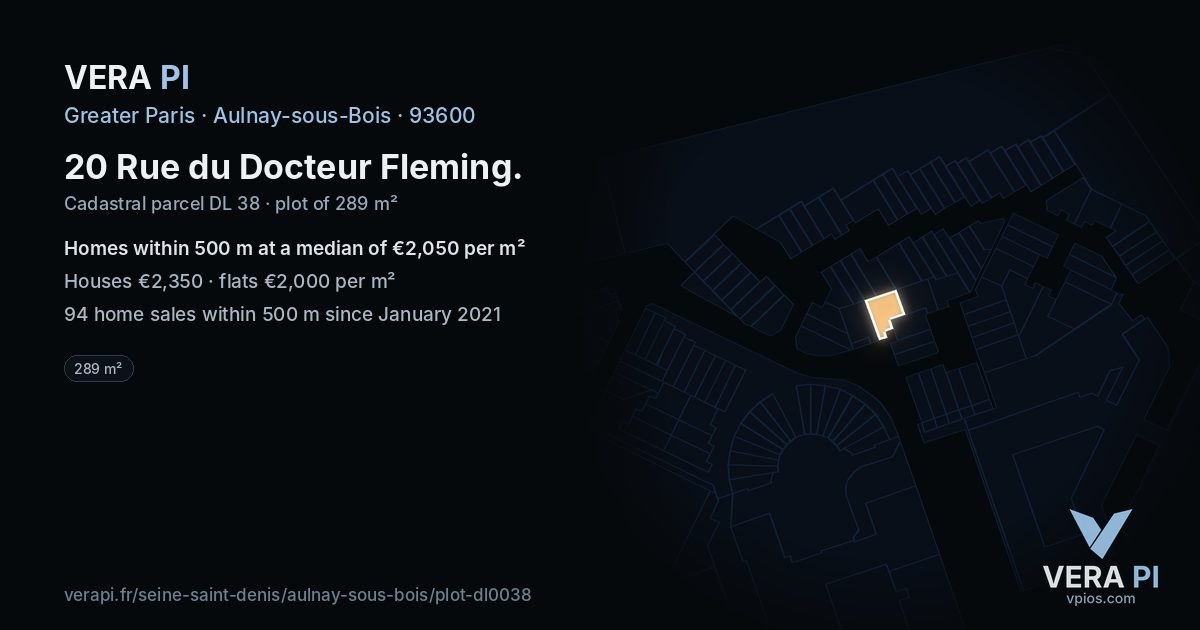 20 Rue du Docteur Fleming, Aulnay-sous-Bois at night – the plot lit, the parcels around coloured by the prices near them