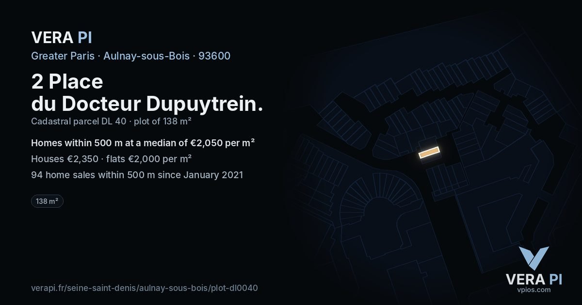 2 Place du Docteur Dupuytrein, Aulnay-sous-Bois at night – the plot lit, the parcels around coloured by the prices near them