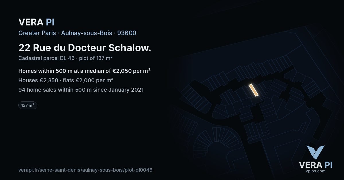 22 Rue du Docteur Schalow, Aulnay-sous-Bois at night – the plot lit, the parcels around coloured by the prices near them