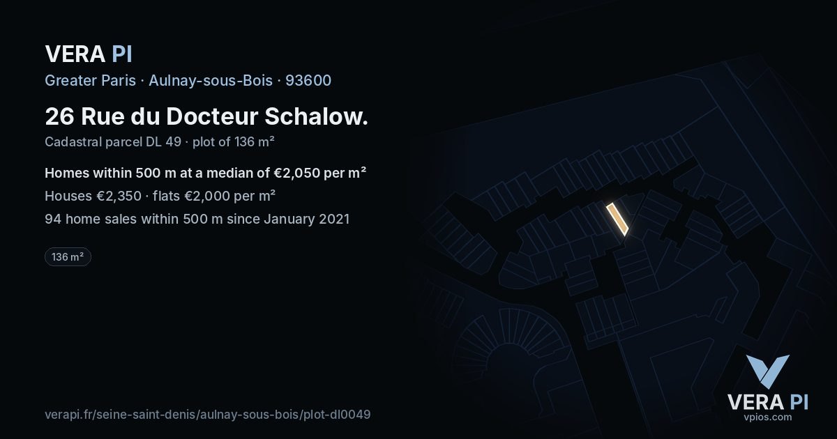 26 Rue du Docteur Schalow, Aulnay-sous-Bois at night – the plot lit, the parcels around coloured by the prices near them