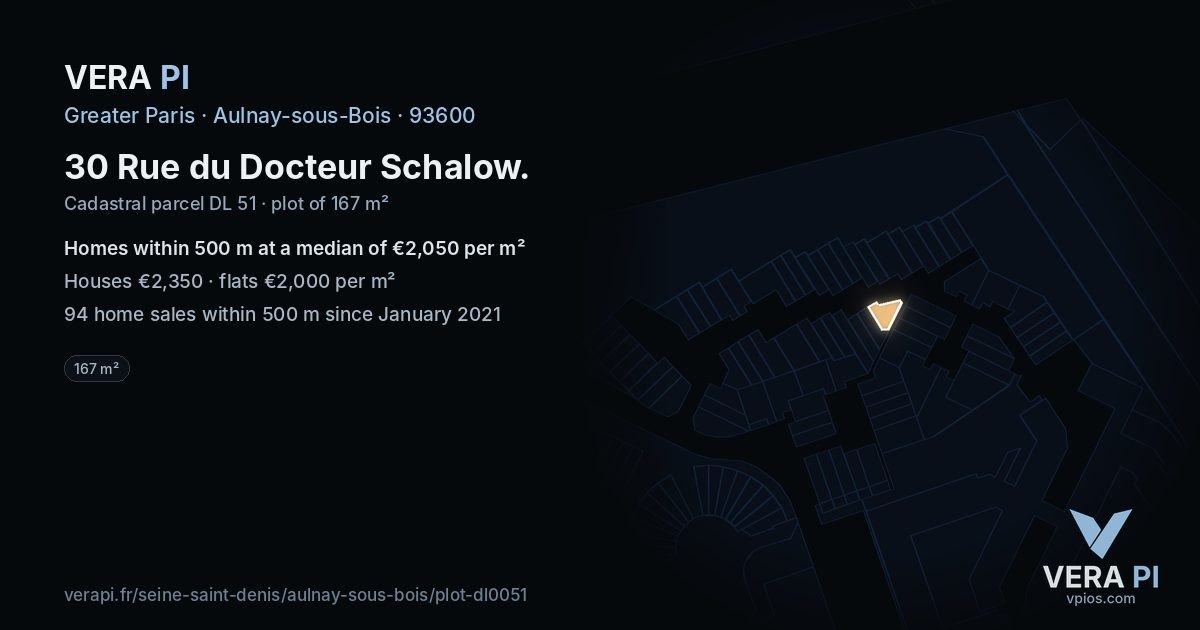 30 Rue du Docteur Schalow, Aulnay-sous-Bois at night – the plot lit, the parcels around coloured by the prices near them