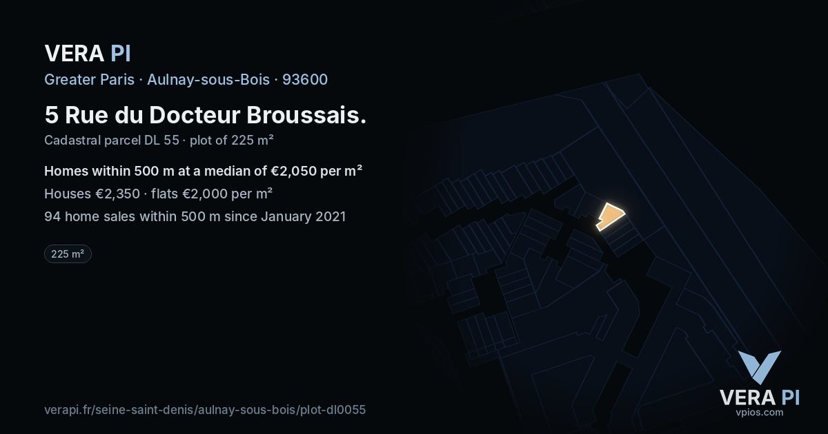 5 Rue du Docteur Broussais, Aulnay-sous-Bois at night – the plot lit, the parcels around coloured by the prices near them