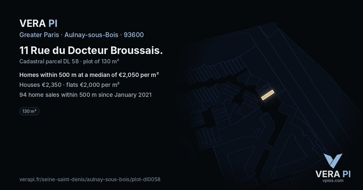 11 Rue du Docteur Broussais, Aulnay-sous-Bois at night – the plot lit, the parcels around coloured by the prices near them