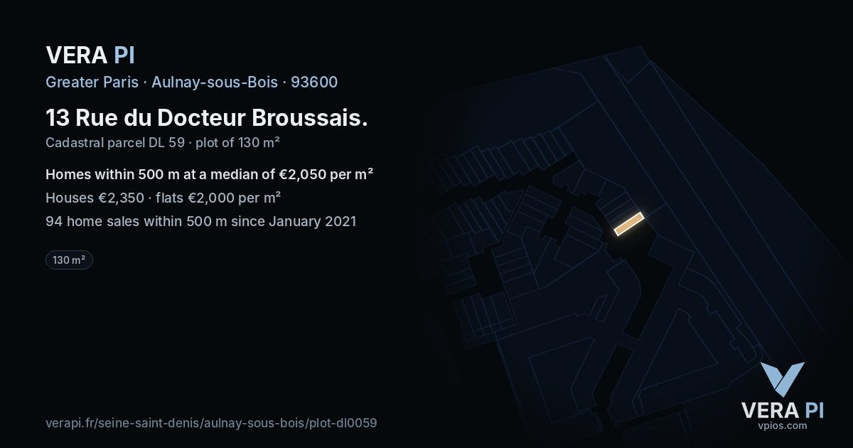 13 Rue du Docteur Broussais, Aulnay-sous-Bois at night – the plot lit, the parcels around coloured by the prices near them