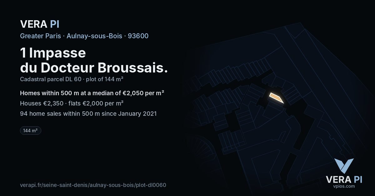 1 Impasse du Docteur Broussais, Aulnay-sous-Bois at night – the plot lit, the parcels around coloured by the prices near them