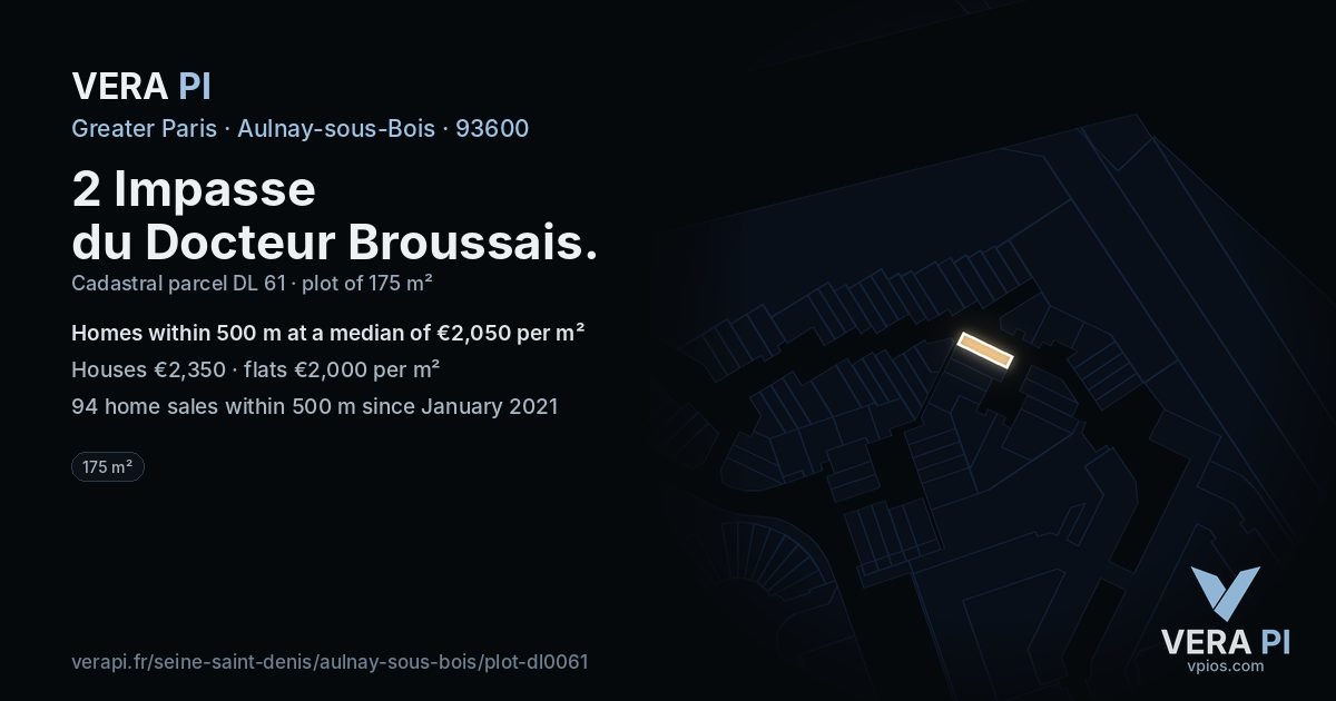 2 Impasse du Docteur Broussais, Aulnay-sous-Bois at night – the plot lit, the parcels around coloured by the prices near them