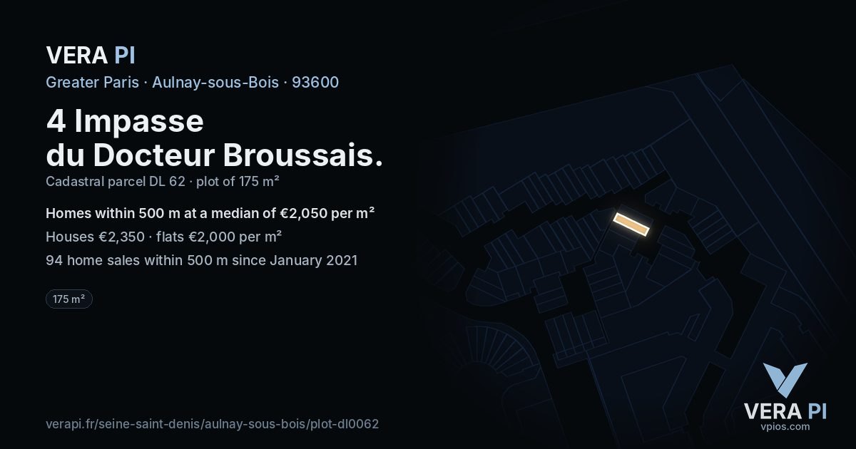 4 Impasse du Docteur Broussais, Aulnay-sous-Bois at night – the plot lit, the parcels around coloured by the prices near them