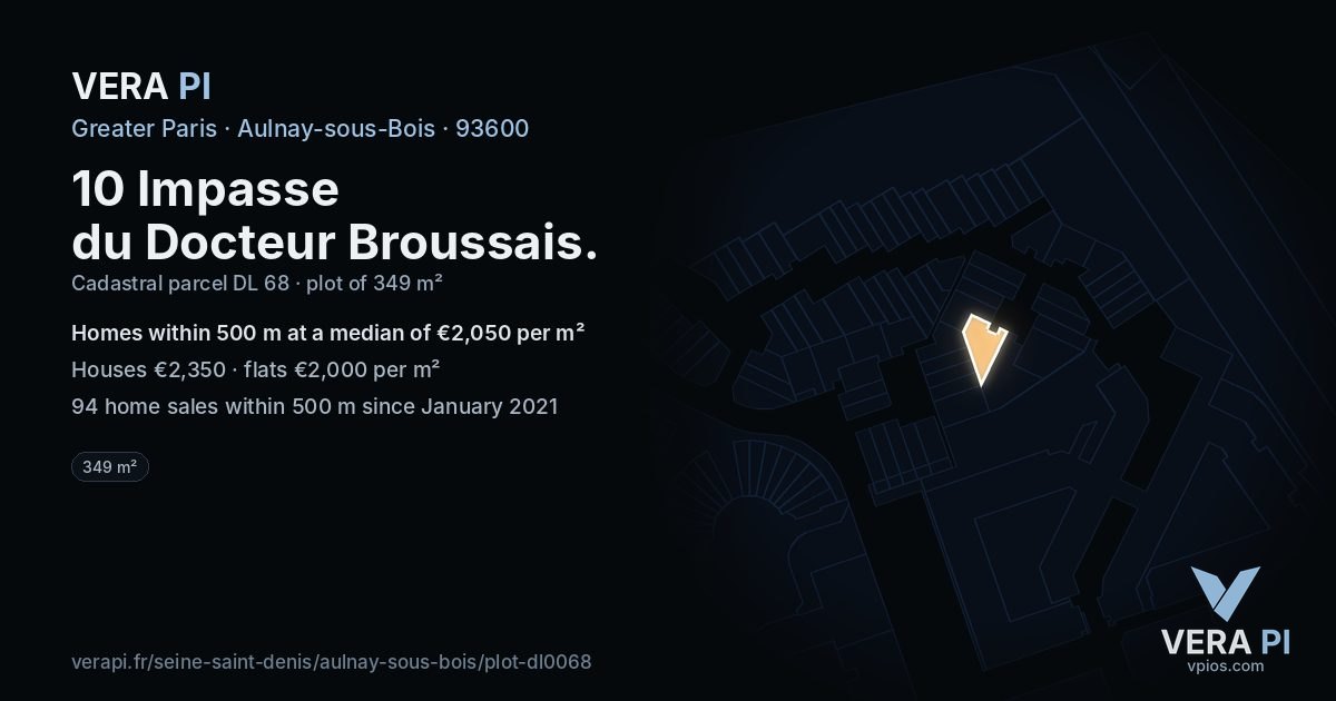 10 Impasse du Docteur Broussais, Aulnay-sous-Bois at night – the plot lit, the parcels around coloured by the prices near them