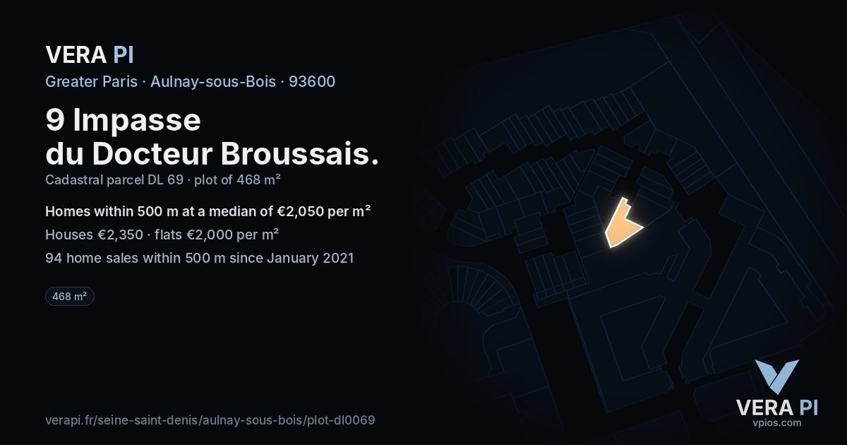 9 Impasse du Docteur Broussais, Aulnay-sous-Bois at night – the plot lit, the parcels around coloured by the prices near them