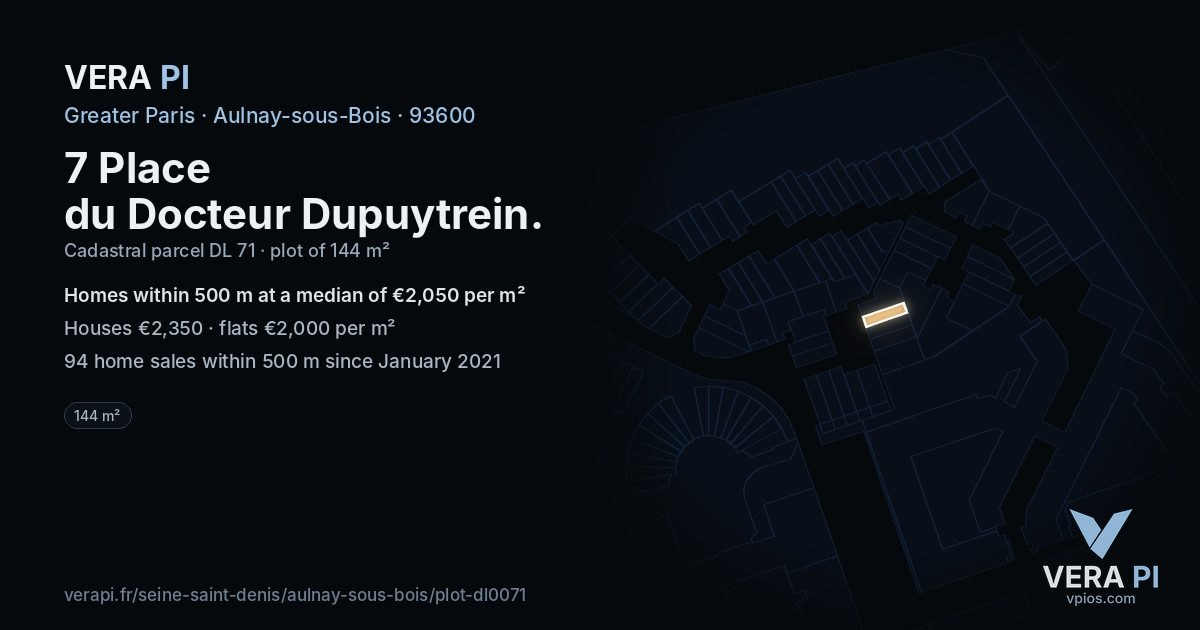 7 Place du Docteur Dupuytrein, Aulnay-sous-Bois at night – the plot lit, the parcels around coloured by the prices near them