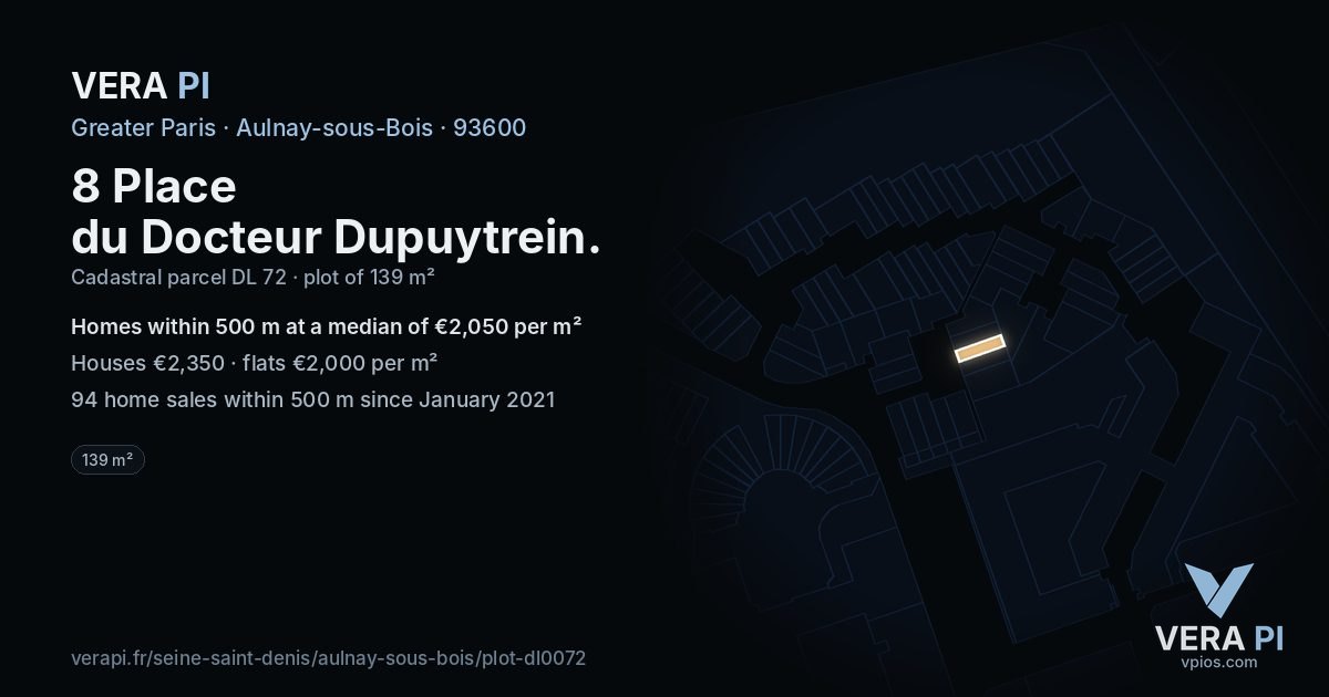8 Place du Docteur Dupuytrein, Aulnay-sous-Bois at night – the plot lit, the parcels around coloured by the prices near them