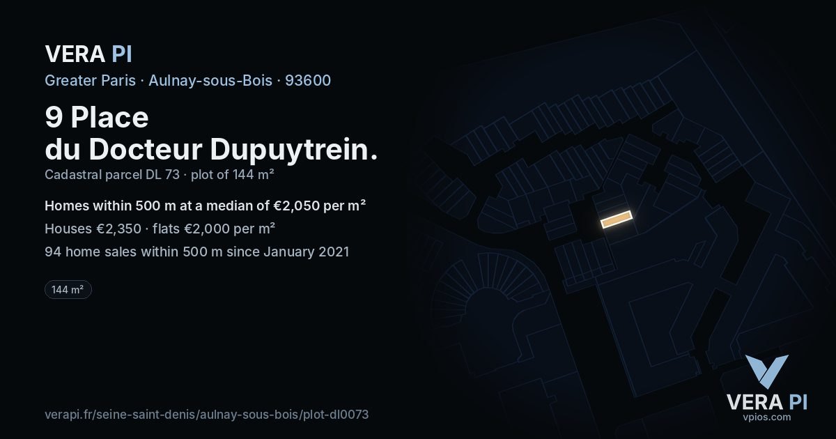 9 Place du Docteur Dupuytrein, Aulnay-sous-Bois at night – the plot lit, the parcels around coloured by the prices near them