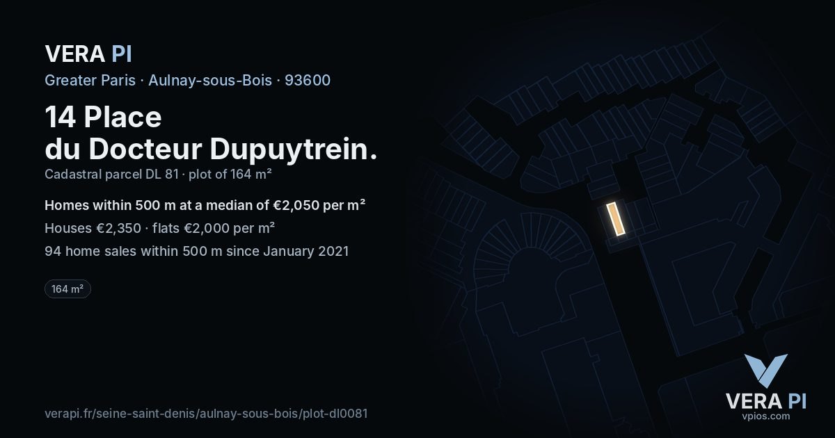 14 Place du Docteur Dupuytrein, Aulnay-sous-Bois at night – the plot lit, the parcels around coloured by the prices near them