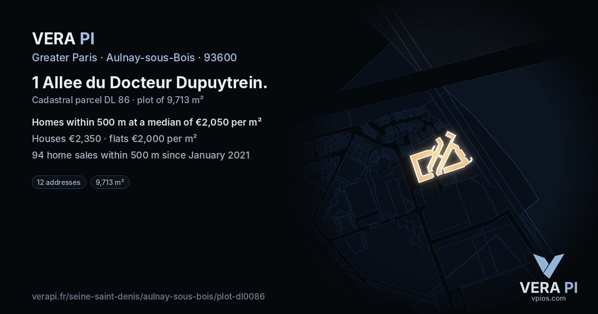1 Allee du Docteur Dupuytrein, Aulnay-sous-Bois at night – the plot lit, the parcels around coloured by the prices near them