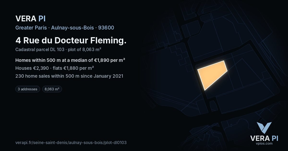 4 Rue du Docteur Fleming, Aulnay-sous-Bois at night – the plot lit, the parcels around coloured by the prices near them