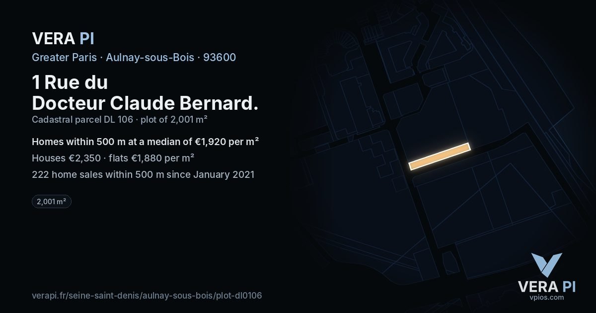 1 Rue du Docteur Claude Bernard, Aulnay-sous-Bois at night – the plot lit, the parcels around coloured by the prices near them