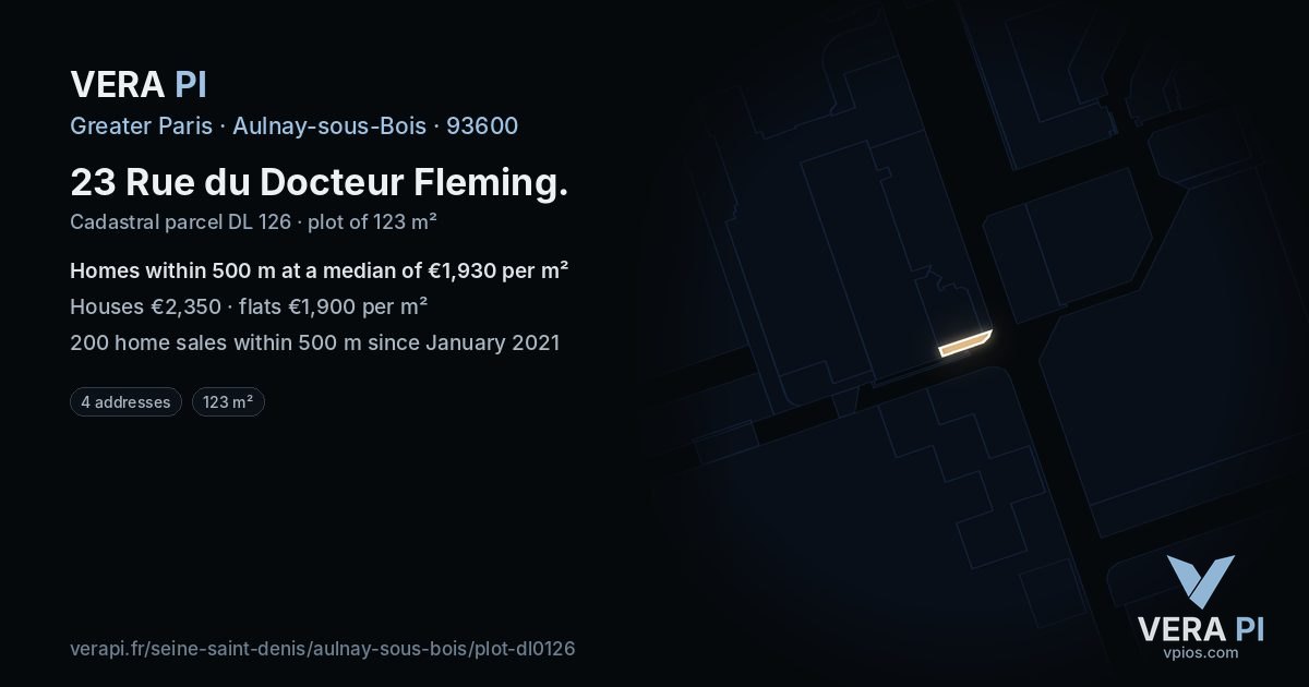 23 Rue du Docteur Fleming, Aulnay-sous-Bois at night – the plot lit, the parcels around coloured by the prices near them